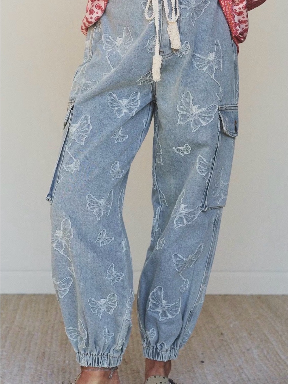 POL Light Blue Embroidered Butterfly Cargo Pants - Picture 4 of 5